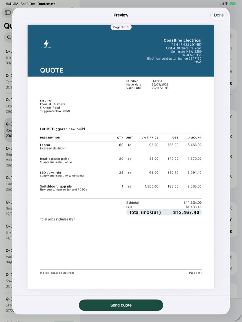 A quote PDF on iPad, with the business's logo, ABN and licence number