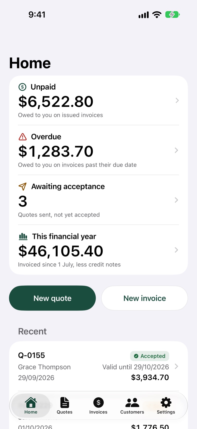 Quotemate's Home screen showing what's unpaid, what's overdue and quotes awaiting acceptance