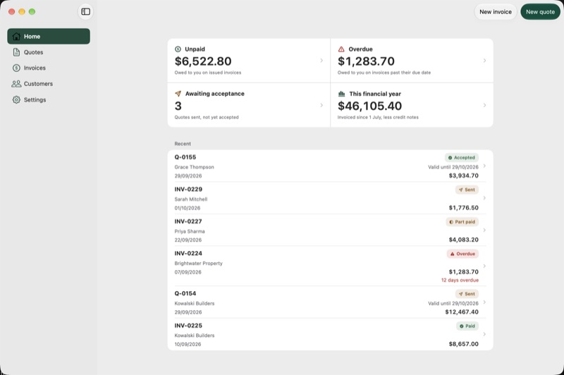 Quotemate on a Mac, with the sidebar and the Home totals