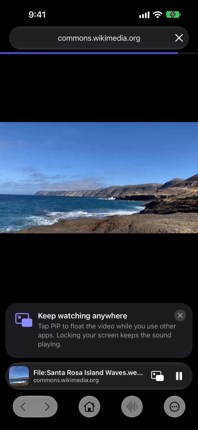 A video of ocean waves playing in ScreenOff Player, with the Now Playing bar below it